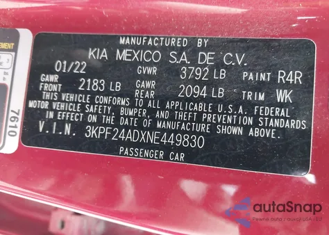 2022 Kia Forte Lxs from USA, damaged, VIN 3KPF24ADXNE449830